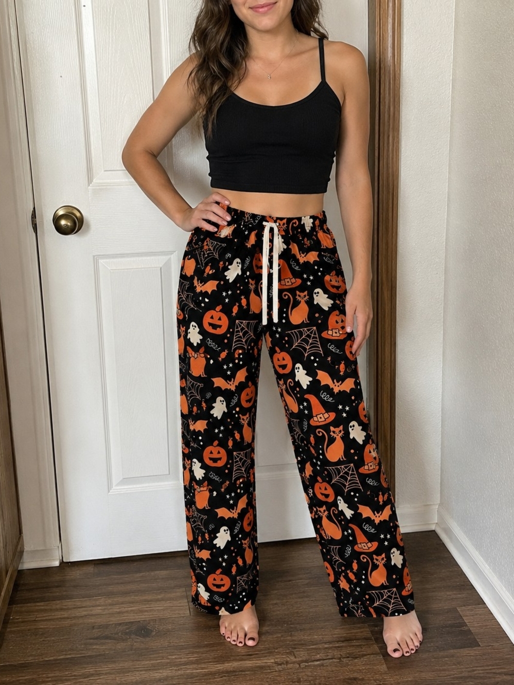 Halloween Print Wide-Leg Pajama Pants - Black & Orange